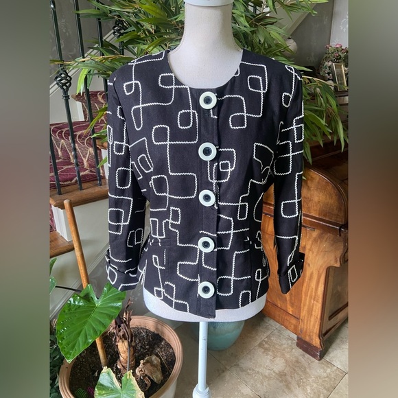 Josephine Chaus Women’s Black White Geometric Button-Up Jacket Size 10 Vintage - Picture 1 of 10